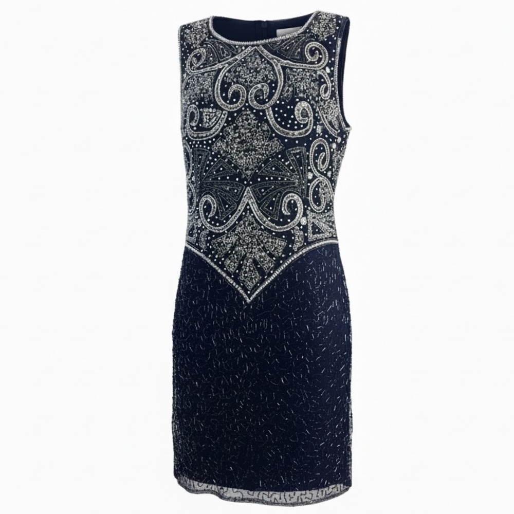 Vintage Laurence Kazar 90s Silk Beaded Dress Navy Silver Sequin Gown